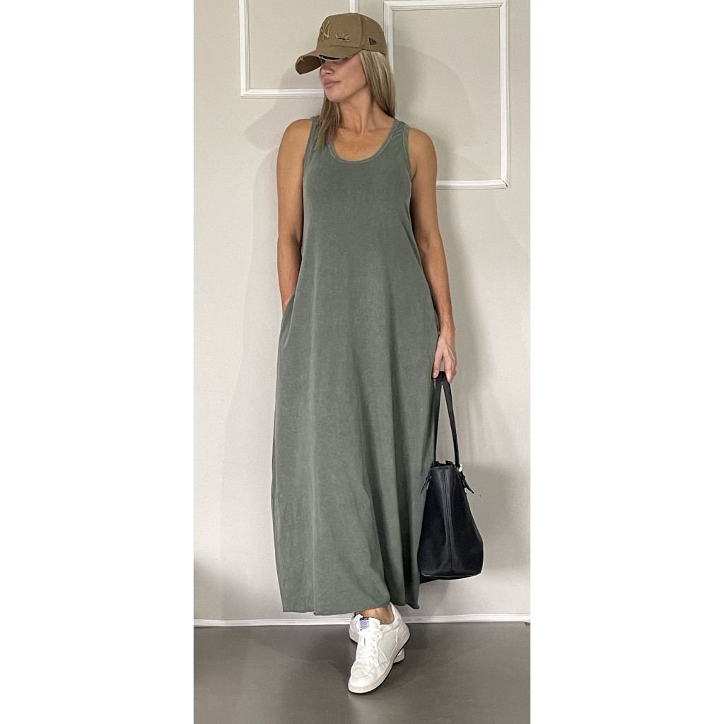 Vestido Regata Liso LONGO Estonado Com Bolso 100% algodão