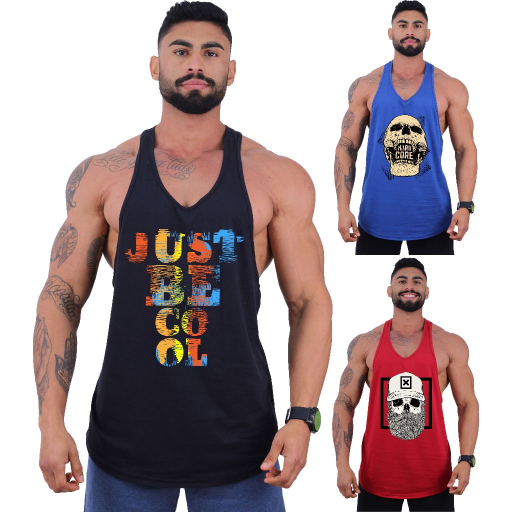 Kit 3 Regatas Longlines Super Cavadas Tank Masculina MXD Conceito Estampada Caveira Academia Musculo