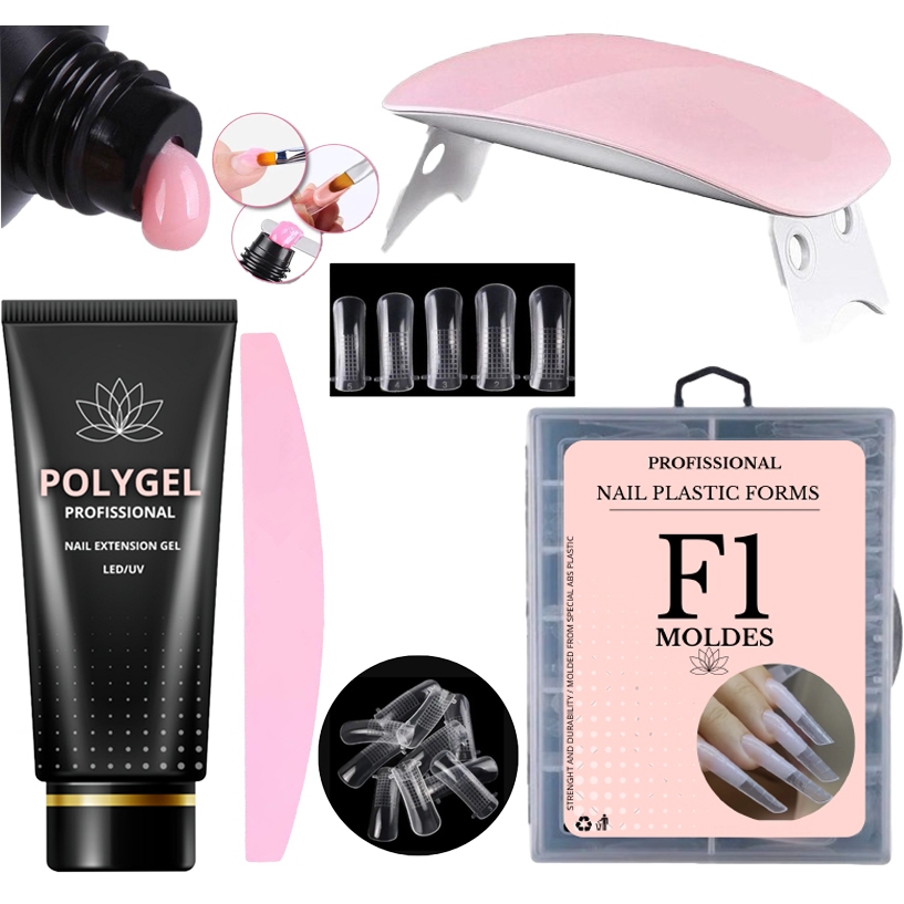 Kit Alongamento Poligel Polygel + Molde F1 + Lixa + Cabine Mini Poly Gel