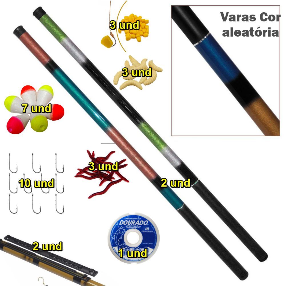 KIT 2 VARAS TELESCOPICA 3,60 M + LINHA + ANZOL + BOIA + ISCAS ARTIFICIAIS