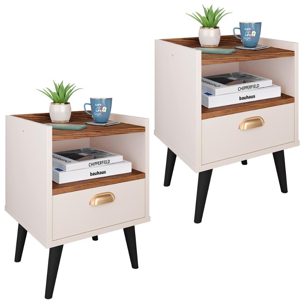 Jogo Quarto Casal Mesinha Cabeceira Moderna Gaveta Organizadora Nicho Decorativo Pés Estilo Retrô  Mesa Auxiliar Lateral Apoio Cama - RPM