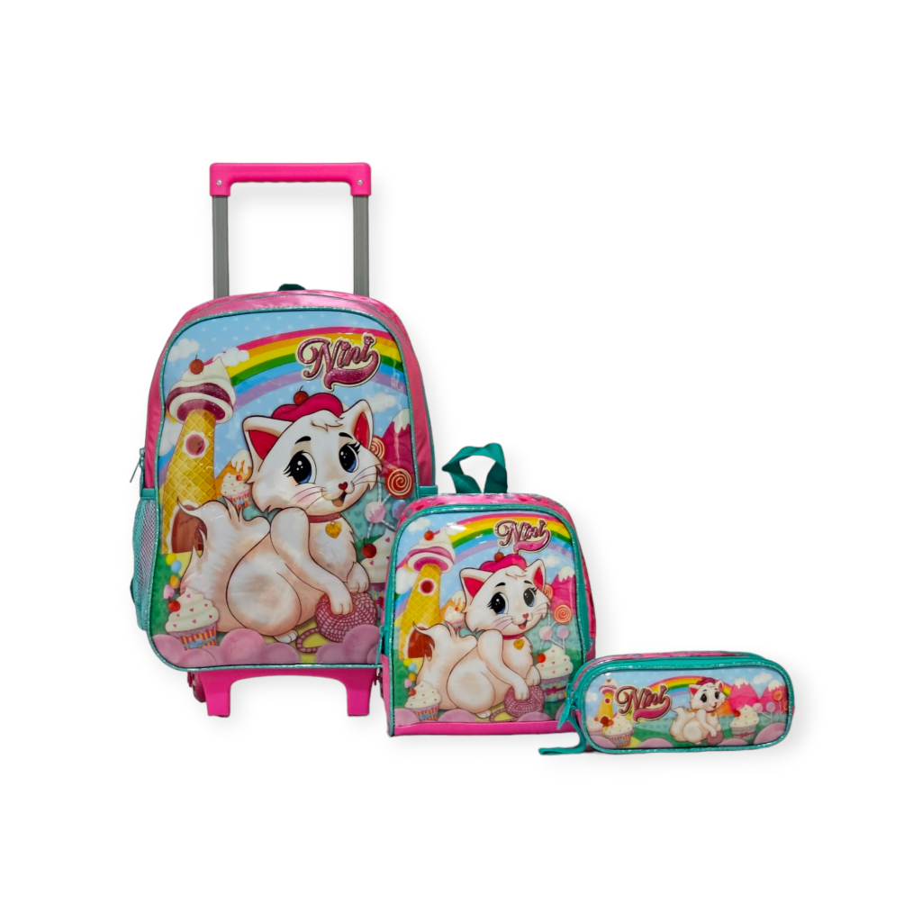 Kit Mochila De Carrinho Escolar Menina Gatinha Nini Grande