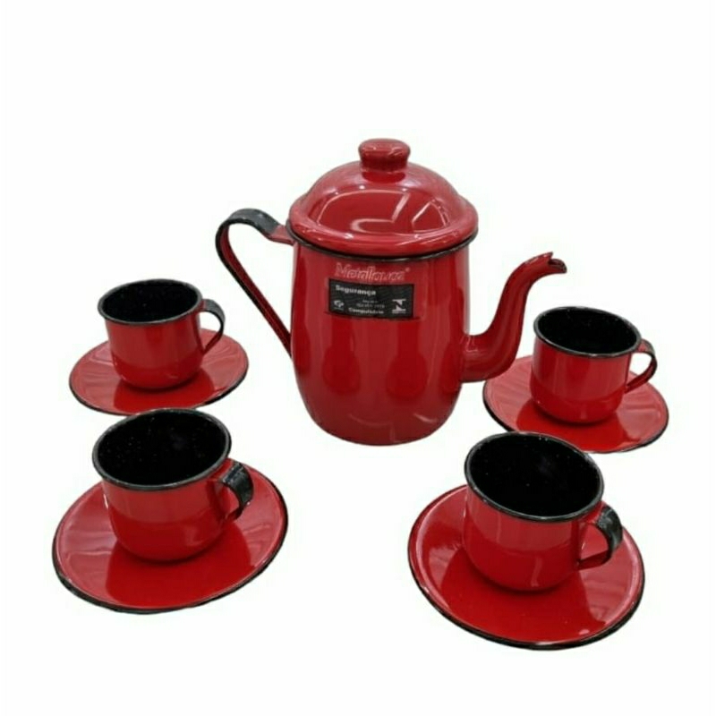 Bule  Esmaltado Vermelho Ágata  1 Litro +4 Xícaras Com Pires Ágata   150 Ml