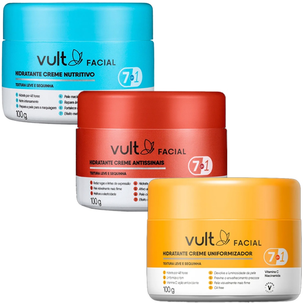 Kit Creme Hidratante Facial Nutritivo, Antissinais, Uniformizador 7 em 1 Vult 100g