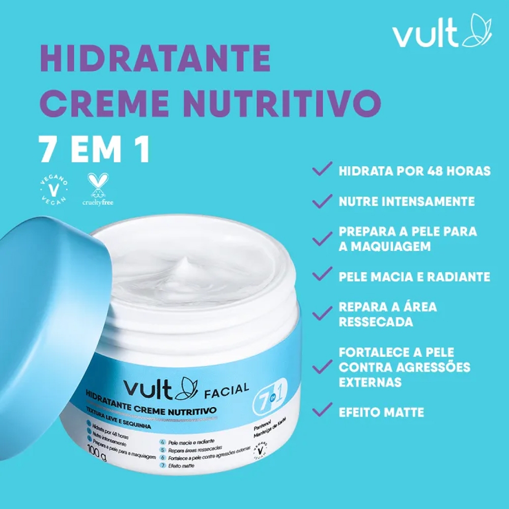 Kit Creme Hidratante Facial Nutritivo, Antissinais, Uniformizador 7 em 1 Vult 100g