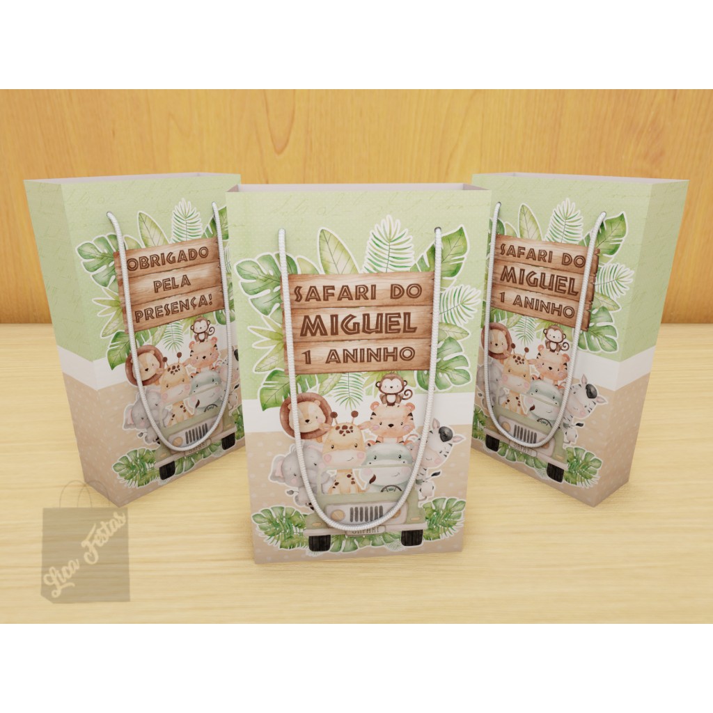 Kit Sacolinha Surpresa Personalizada Safari Baby Carrinho - 17x10x4cm - Papel Offset Fosco 180g