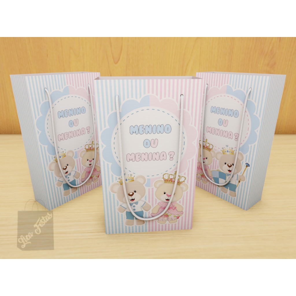 Kit Sacolinha Surpresa Personalizada Chá de Revelação Ursinhos - 17x10x4cm - Papel Offset Fosco 180g