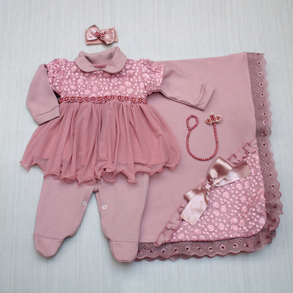 Kit Saída Maternidade Menina Rosé Macacão Com Vestido Luxo