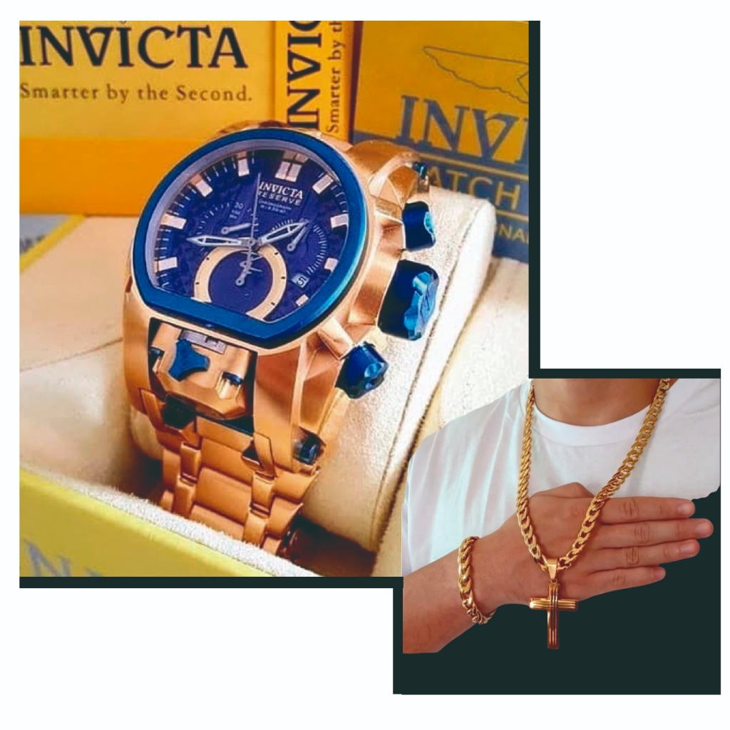 Relógio Invicta Zeus Dourado Pesado Com Kit Completo Corrente Grossa + Pingente + Pulseira