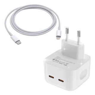 Carregador Completo Fonte 2 Entrada 50w + Cabo Tipo C Lightning Turbo Rapido Para iPhone Tomada e Cabo