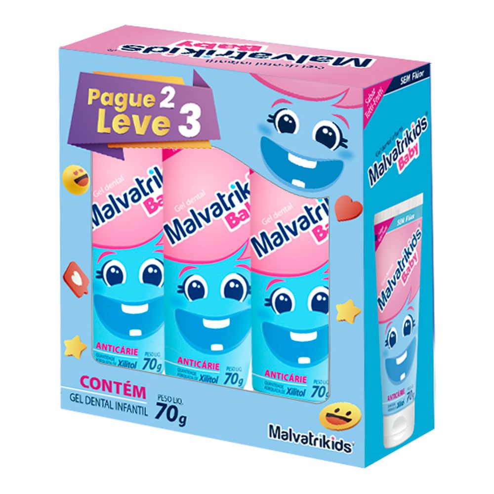 Kit Gel Dental 70g Malvatrikids Baby Tutti Frutti 3 Unidades
