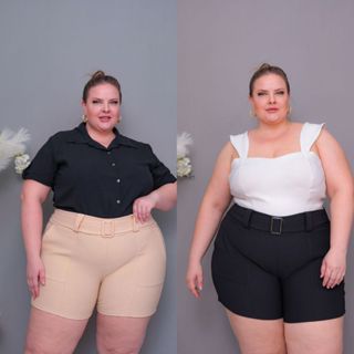 Short Alfaiataria Plus Size Com Cinto Tecido Crepe Grosso Com Elastano