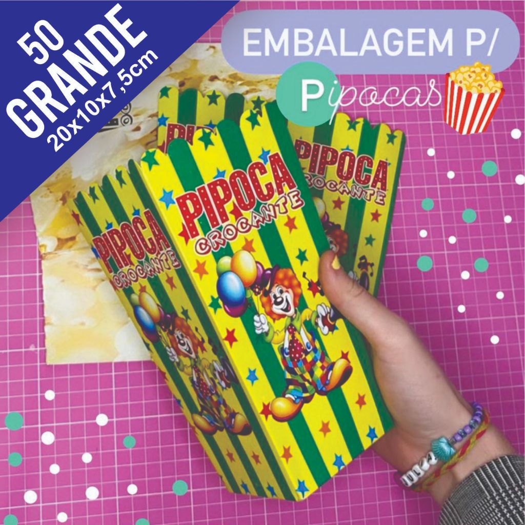 Embalagem de Pipoca (20x10x7,5) - Grande 50 Unid - Palhacinho em Oferta na Shopee