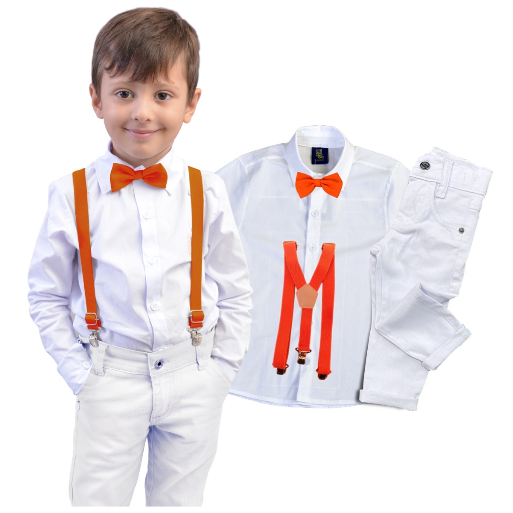 Conjunto Roupa Menino Batizado Casamento Calça Branca + Camisa ML Branca + Kit Gravata E Suspensorio