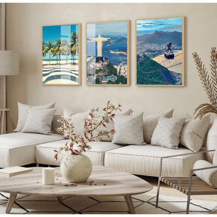 kit 3 quadros cristo redentor bondinho praia mar azul rio de janeiro com molduras