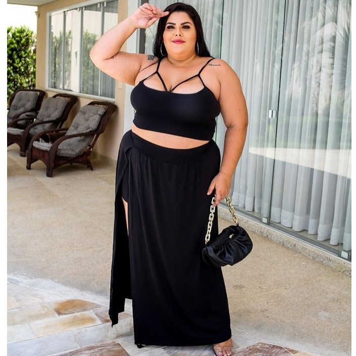 Conjunto de Saia Longa Fenda Com Shorts e Cropped Bojo Verão PLUS SIZE Shortsaia 46 48 50 52