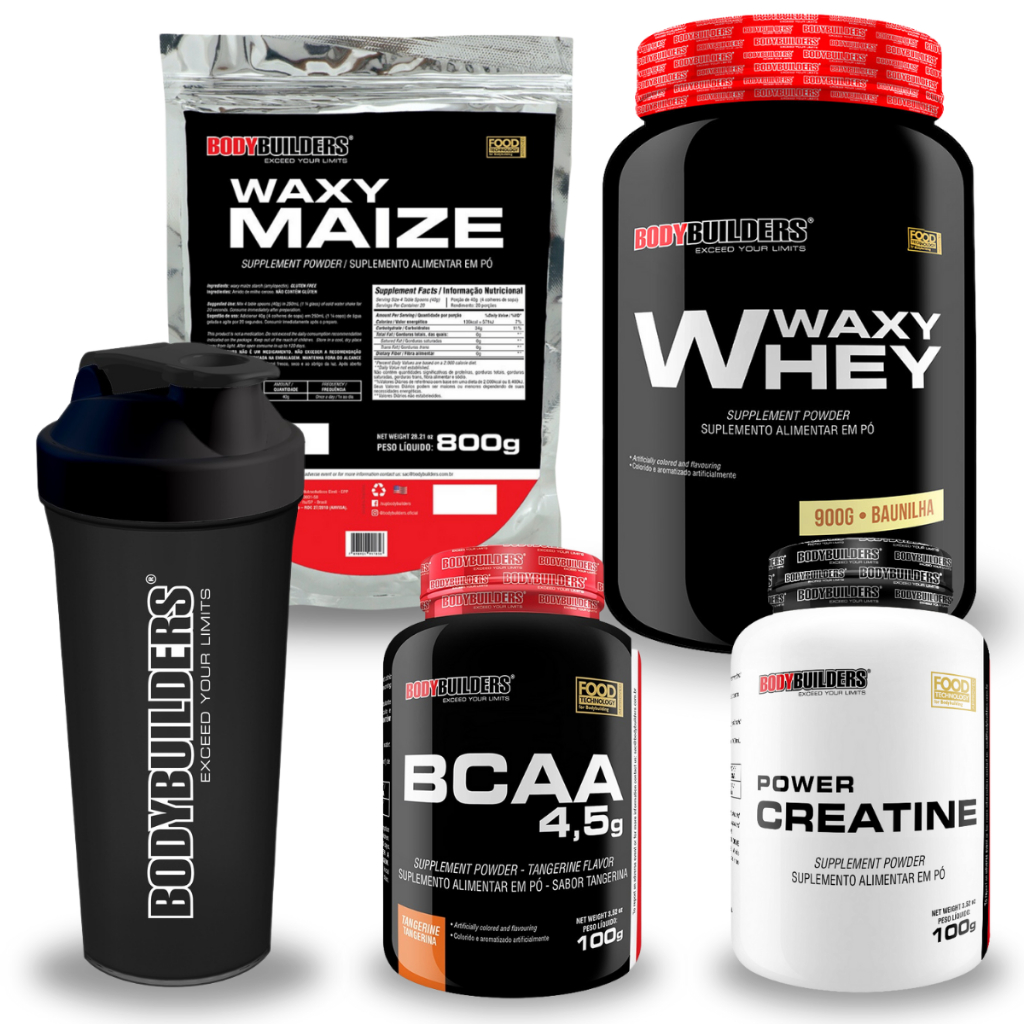 Kit Whey Protein Waxy Whey 900g + Waxy Maize 800g + Power Creatina 100g + BCAA 100g + Coqueteleira - BodyBuilders Suplemento em Pó para Definição e Performance