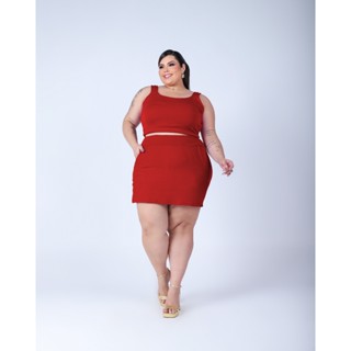 Conjunto Feminino Plus Size Short Saia Com Cropped Alça Grossa Confylook Top