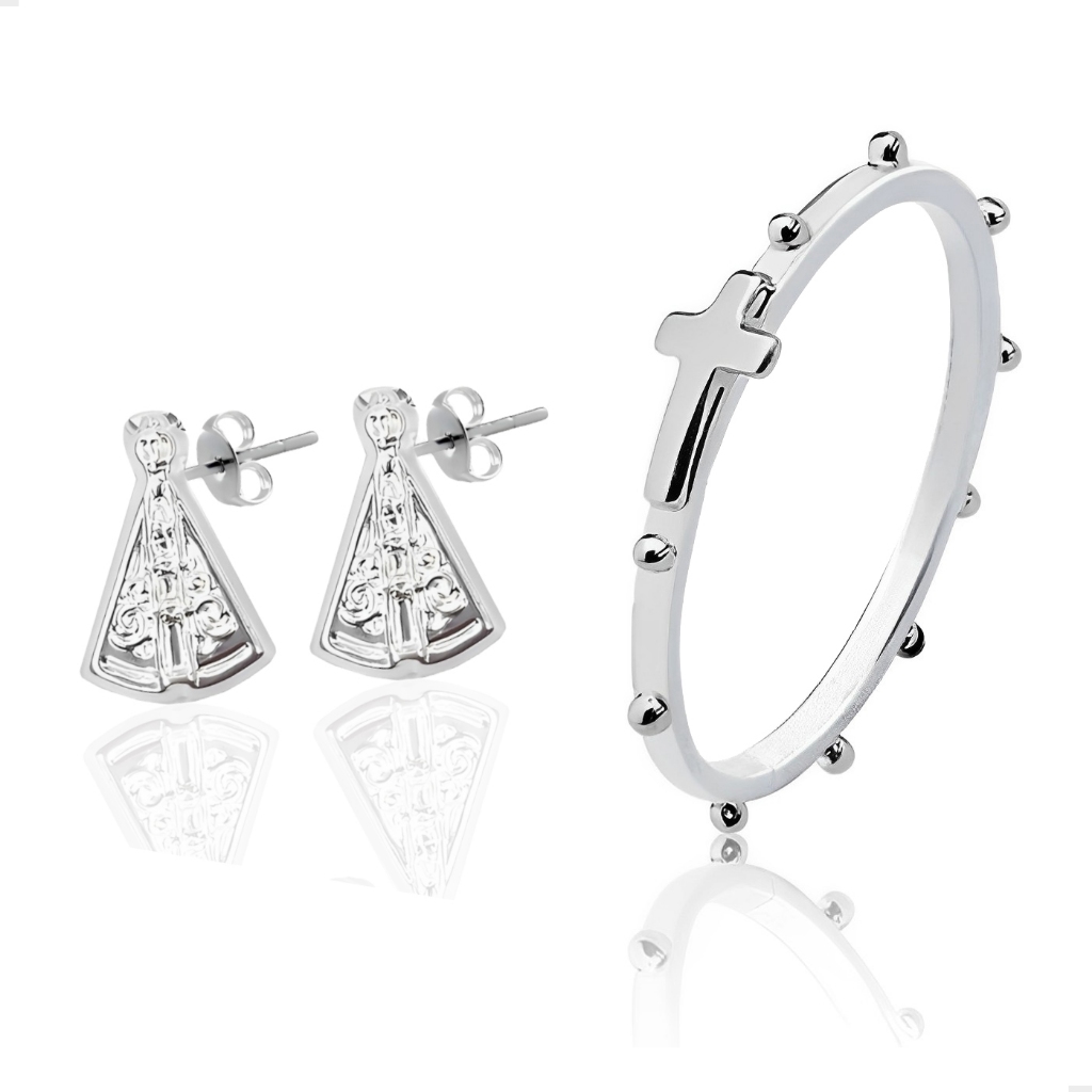 Kit Prata 925 Anel Cruz Terço Oração e Brinco Nossa Senhora Aparecida