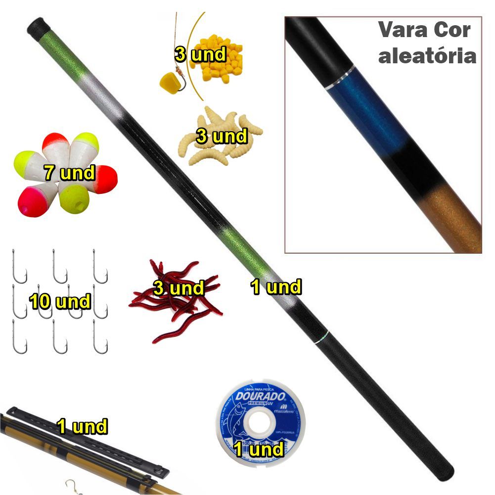 KIT VARA TELESCOPICA 2,10 M + LINHA + ANZOL + BOIA + ISCAS ARTIFICIAIS em Oferta na Shopee