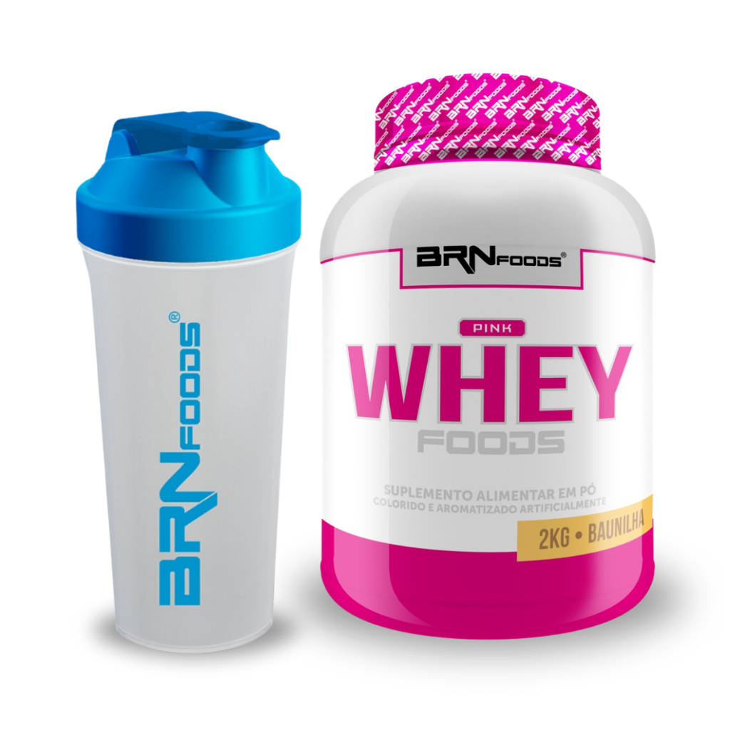 KIT Whey Protein Pink Whey com colágeno 2kg + Coqueteleira 600ml - BRN Foods Suplemento em pó com colágeno para mulheres