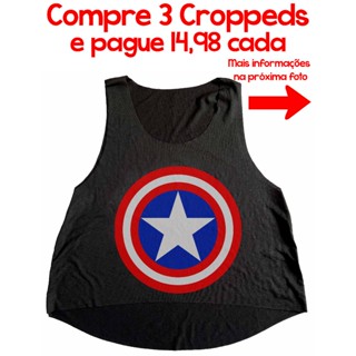 Cropped Preto Regata Camiseta Feminina Academia Capitão América