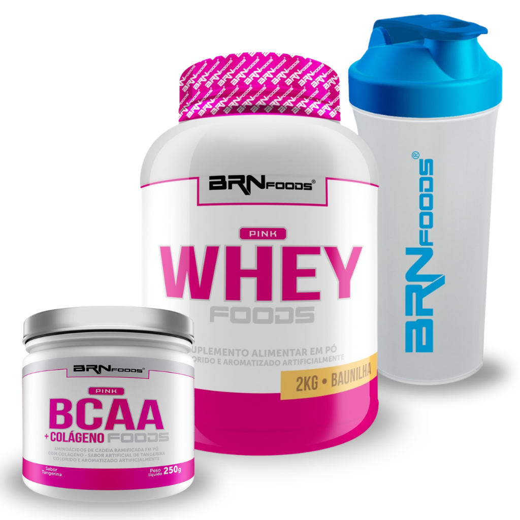 Kit Whey Protein Pink Whey 2kg + Pink BCAA com Colágeno 250g + Coqueteleira - BRN Foods