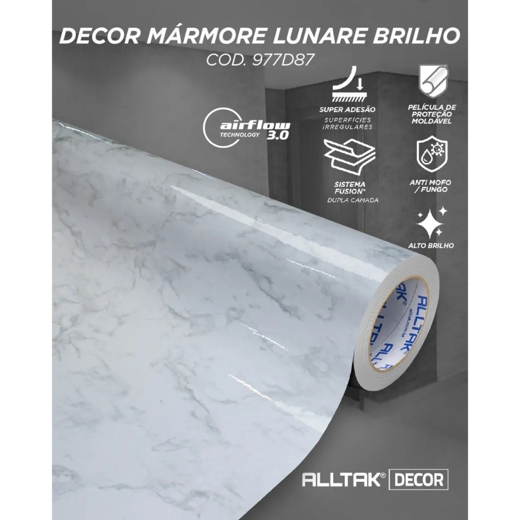 Adesivo Residencial Alltak Decor Marmore  Lunare Brilho Ideal Para Mesas, Pias, Parede, Balcões, Box, etc... 1,22 Metros X Ate 8 Metros