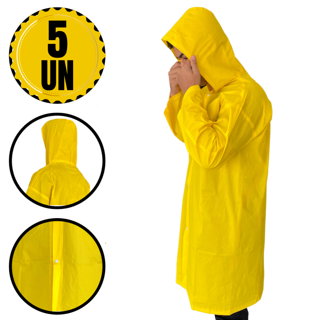 Capas Chuva Kit 5 Unidades Com Capuz Amarela Forrada Impermeável Capa De Pvc Proteção Epi Reforçada Obras Obra Tamanho Moto Adulto Resistente Motoqueiro Reutilizável