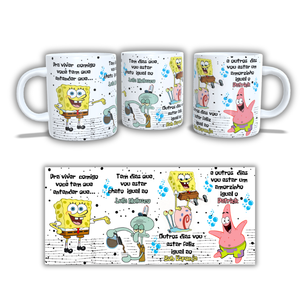 Caneca Porcelana Bob Esponja - Lula Molusco - Patrick  –  Pra viver comigo