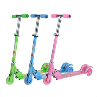 Patinete infantil dobrável ajustável 3 rodinhas menino e menina 50kg luz azul ou rosa ou verde