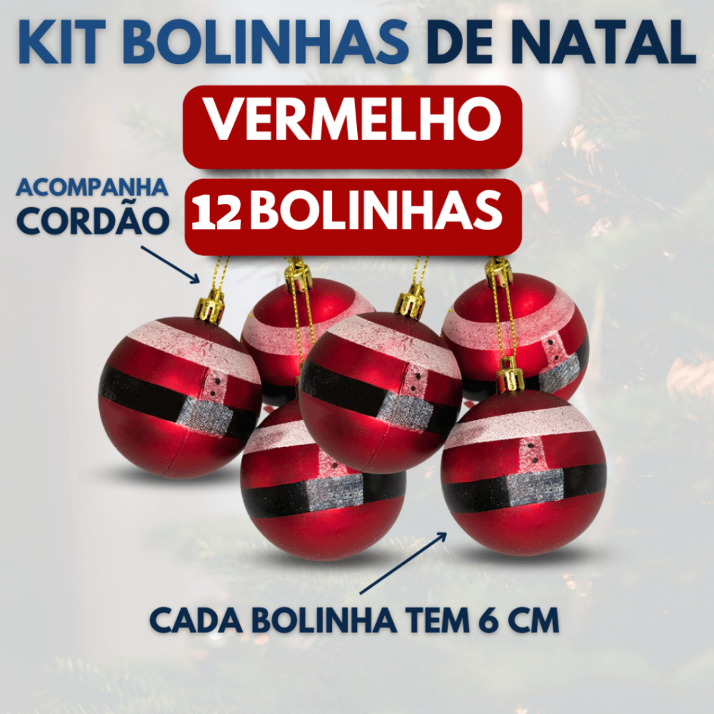 Kit 12 Bolinhas de Natal Papai Noel de 6cm Enfeites Decoração Natalina