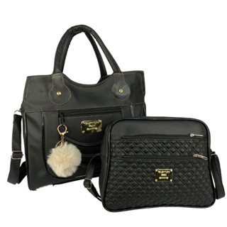 Kit 2 Bolsas Feminina Grande+ Pequena Espaçosa com Alça + Chaveiro Pom Pom