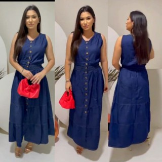 vestido jeans midi regata com botões e lastex na cintura