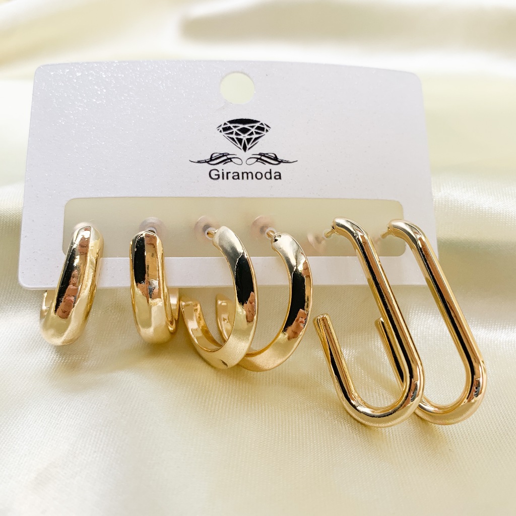 Kit 3 Pares De Brincos Argolas liso c/brilho estilo simples Banhados Ouro 18k prata 925