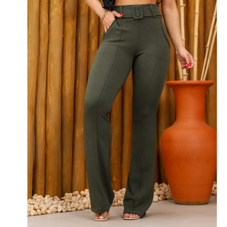 Calça Flare Feminina Cinto Forrado Boca Larga Elegante Social Cintura Alta em Crepe