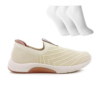 Tênis Modare Casual Tecido Confortável Feminino Bege / Branco + 3 Pares de Meias Original com Nota Fiscal e Garantia