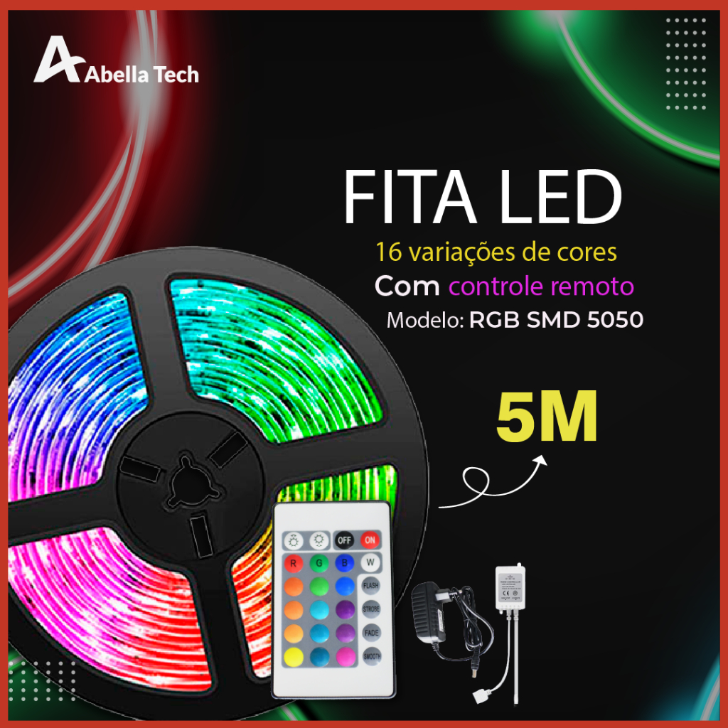 Fita LED 5050 SUPER LED ULTRA RGB 5M 12V  300 LEDS FITA + CONTROLE + FONTE | 16 CORES IP20 Pronta Entrega
