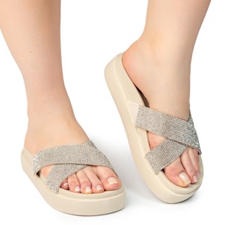 Sandália Feminina Papete Flat Tamanco Birk X Plataforma Brilho Strass Via Angel 7401
