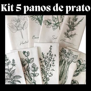 Kit 5 Panos de prato Especiarias Tempero cru grande rústico 45x72 cm estampado 100% Algodão moderno minimalista alta absorção cozinha