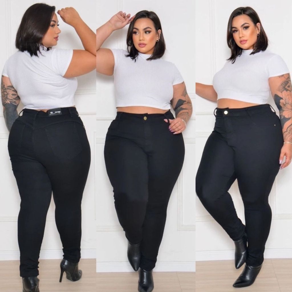 Calça Jeans Preta Feminina Skinny Cintura Alta com Lycra Levanta Bumbum plus