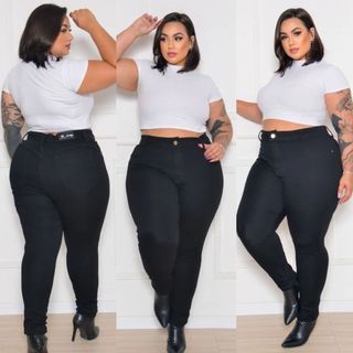 Calça Jeans Preta Feminina Skinny Cintura Alta com Lycra Levanta Bumbum plus
