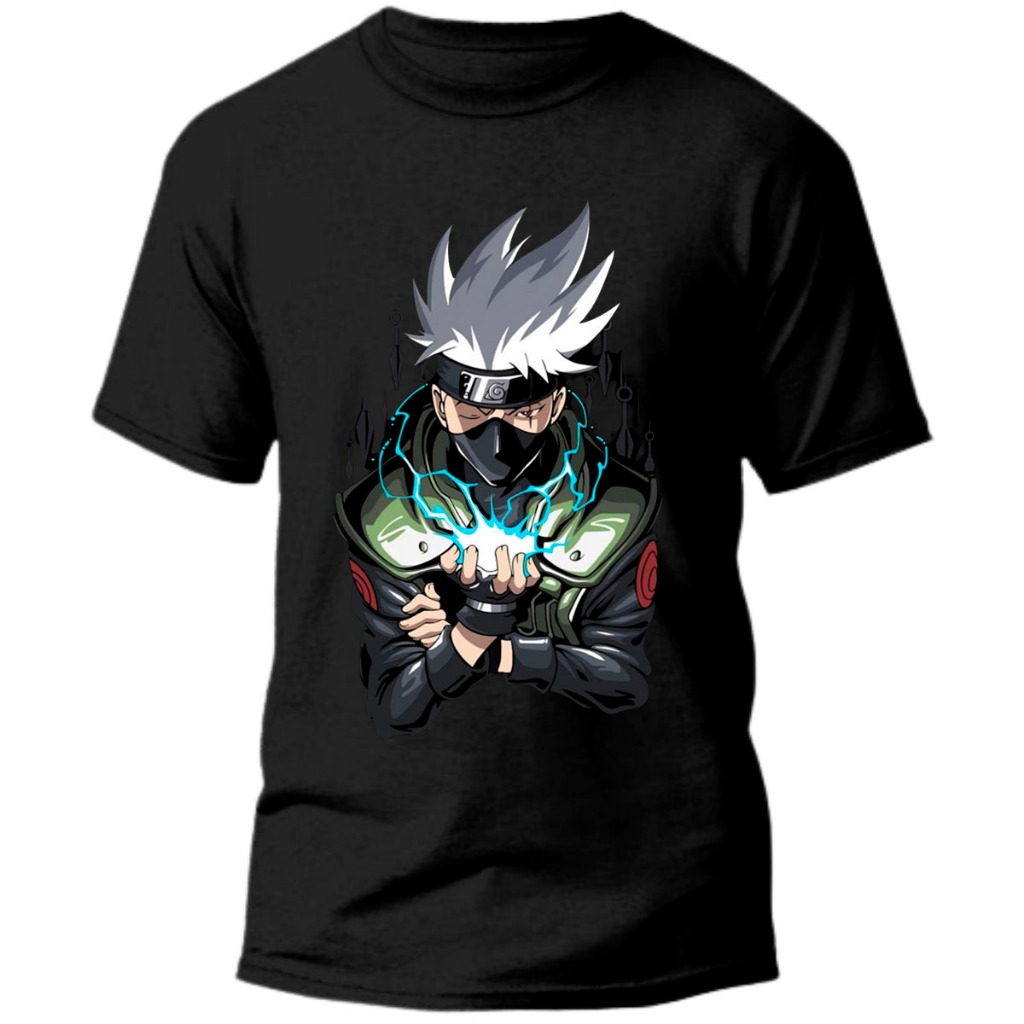 Camiseta Preta Infantil Anime Naruto Kakashi Camisa 100% Algodão