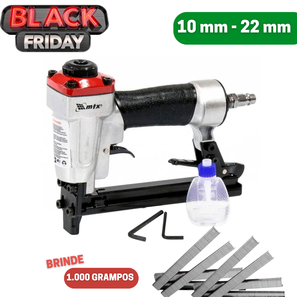 Grampeador Pneumático Profissional Alta Pressão 10mm a 22mm OU de 6mm a 13mm com 1000 Grampos incluso MTX