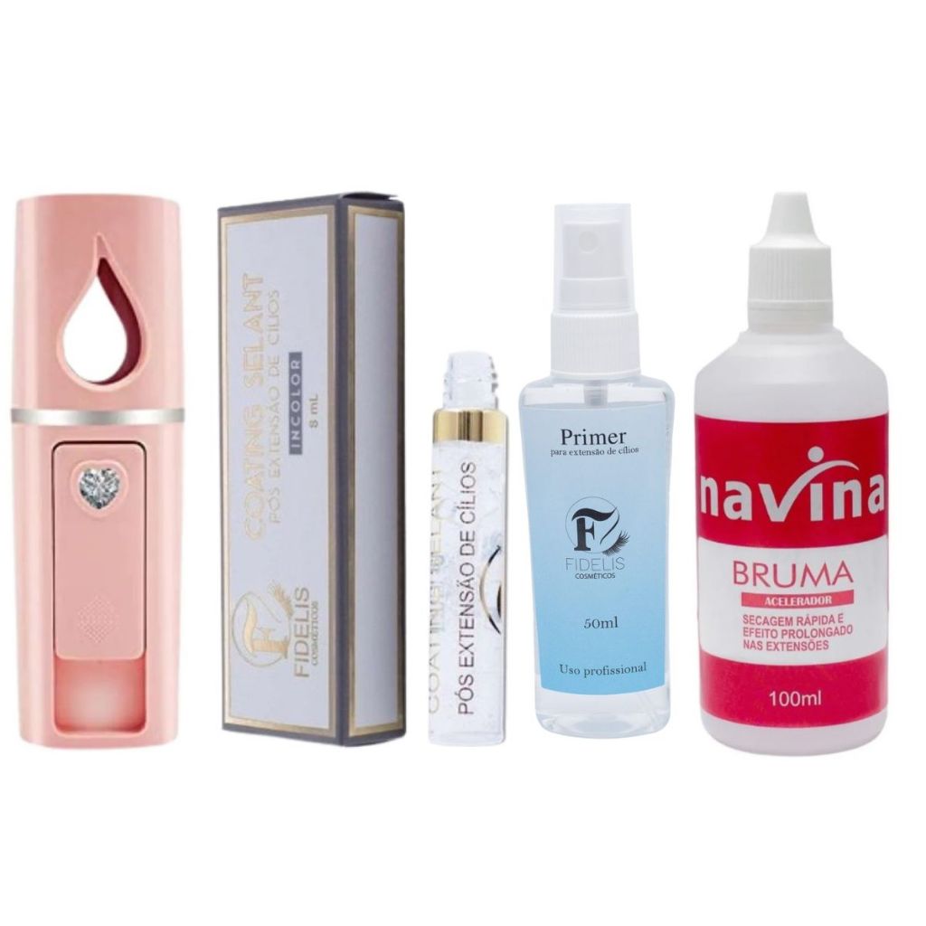 Kit Retenção Cílios Primer e Selante Fidelis Bruma Navina Nano Mister Vaporizador USB