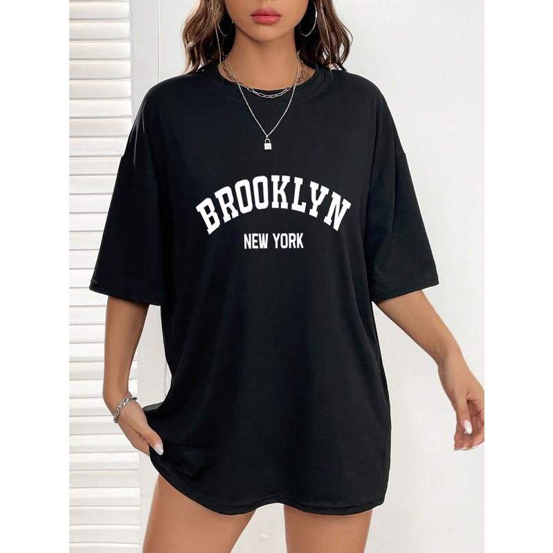 Camiseta Feminina Oversized Brooklyn New York Estilo de Rua Academia Corte Reto e Largo 100 % Algodão