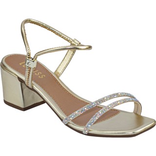 Sandália Feminina Salto Baixo Grosso Bloco Confortável Tiras Strass Brilho Cristal Macia Blogueira Calce Fácil Comfort Metalizado Saltinho