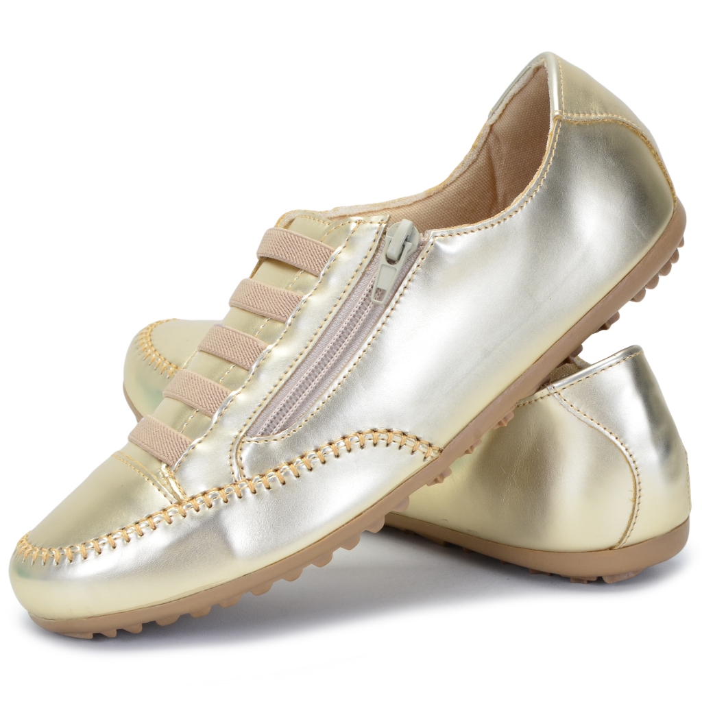 Sapatênis Metalizado Dourado Feminino Casual Leve Ajuste zíper Confortável