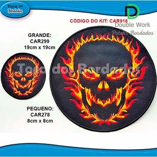 Patch Bordado Bordado Skull 19x19 cm + Patch Bordado pequeno Cód.1934