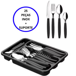 Jogo De Talheres 25 Peças Inox Garfo Faca Colher + Organizador de Gaveta